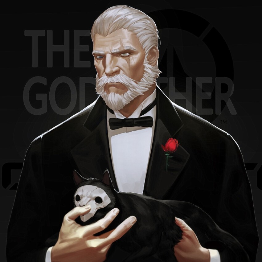 1boy animal beard black_background black_bow black_bowtie black_cat bow bowtie cat corsage cosplay facial_hair grey_eyes hair_slicked_back highres holding holding_animal holding_cat jay_risto long_sleeves mustache old old_man overwatch reaper_(overwatch) reaper_(overwatch)_(cosplay) reinhardt_(overwatch) scar scar_across_eye scar_on_face solo the_godfather tuxedo upper_body vito_corleone vito_corleone_(cosplay) white_hair