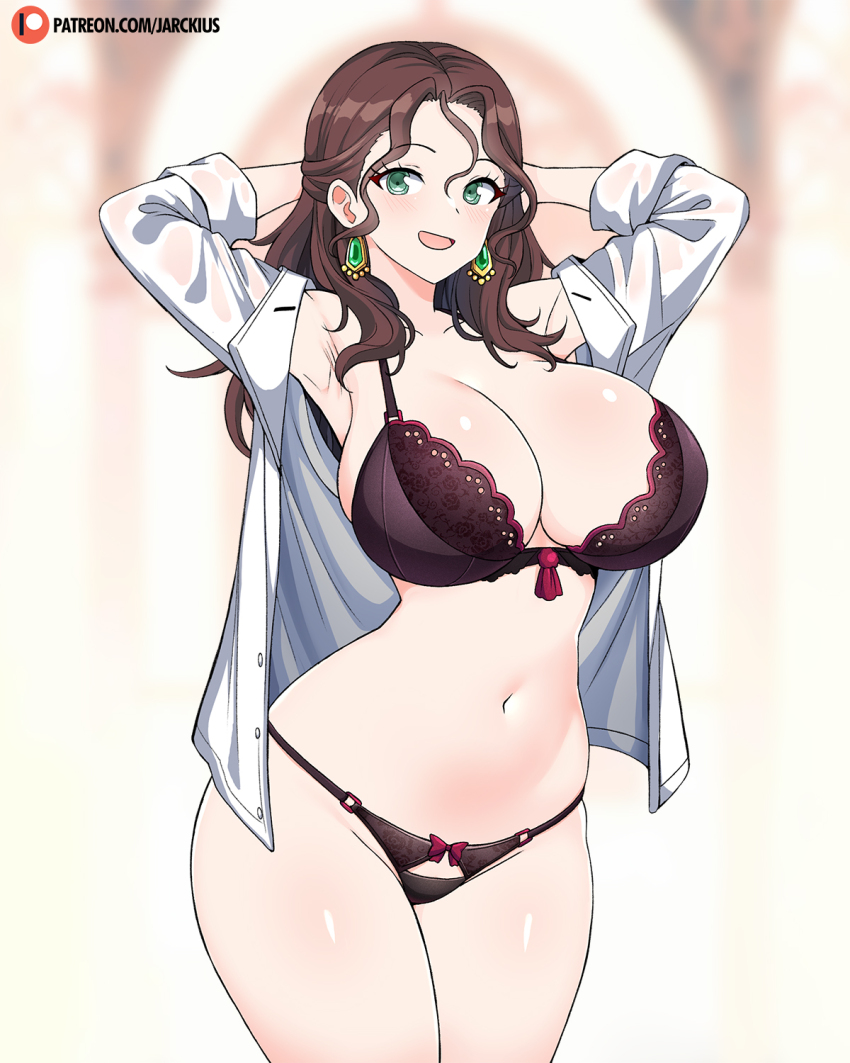 1girl :d arms_behind_head arms_up black_bra black_panties bra breasts brown_hair cleavage curvy dorothea_arnault earrings fire_emblem fire_emblem:_three_houses green_eyes highres huge_breasts jarckius jewelry lingerie navel nintendo open_clothes open_mouth open_shirt panties shirt smile solo stomach underwear wavy_hair white_shirt wide_hips