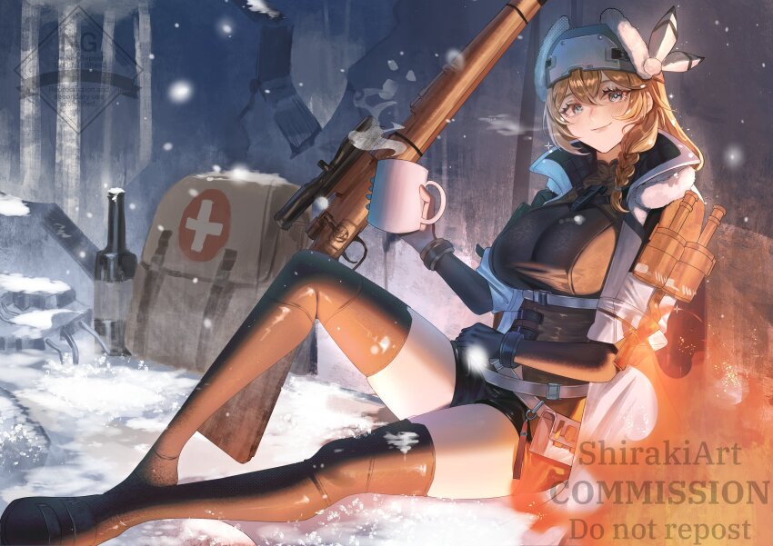 1girl absurdres blonde_hair blue_eyes bolt_action braid cup fireplace first_aid_kit girls&#039;_frontline girls&#039;_frontline_2:_exilium gun highres holding holding_cup mosin-nagant mosin-nagant_(girls&#039;_frontline) mosin-nagant_(girls&#039;_frontline_2) mug rifle shiraki_art snowing solo steam weapon