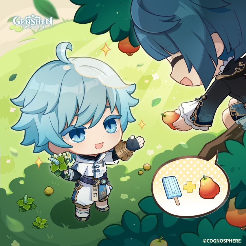 2boys absurdres ahoge black_shoes blue_eyes blue_hair chibi chinese_clothes chongyun_(genshin_impact) closed_eyes commentary copyright_name dot_nose english_commentary fingerless_gloves flower food fruit genshin_impact gloves hands_up highres holding holding_food holding_fruit in_tree long_sleeves looking_at_another looking_up male_focus multiple_boys mushroom official_art open_mouth popsicle shoes short_hair short_sleeves sitting sitting_in_tree smile spoken_food standing sunsettia_(genshin_impact) symbol-shaped_pupils tassel tree vision_(genshin_impact) white_flower xingqiu_(genshin_impact)