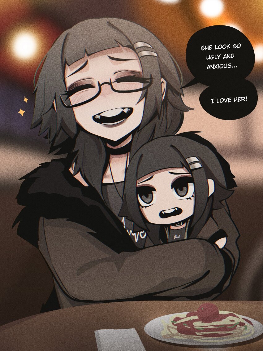 1girl absurdres black_choker black_coat black_eyes black_eyeshadow black_hair black_lips black_shirt blurry blurry_background brown_coat character_doll choker closed_eyes coat commentary doll english_commentary english_text eyeshadow facing_viewer film_grain food fur-trimmed_coat fur_trim hair_ornament hairclip highres hugging_doll hugging_object jewelry light_blush long_sleeves makeup medium_hair mikuneki multicolored_coat necklace open_mouth original parallel_hairclips pasta plate raised_inner_eyebrows riyo_kaede_(mikuneki) shirt smile solo spaghetti speech_bubble teeth two-tone_coat