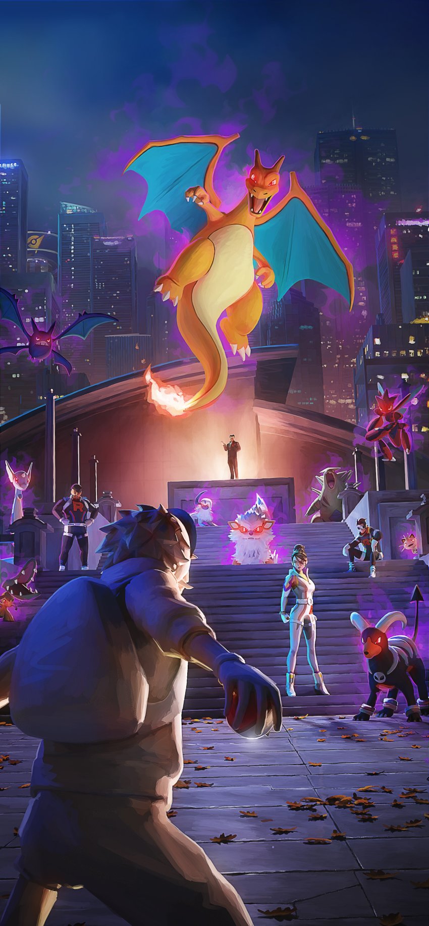 1girl 4boys absol absurdres arcanine arlo_(pokemon) aura belt bodysuit boots building catsuit charizard clenched_hand cliff_(pokemon) commentary crobat dratini english_commentary fire flame-tipped_tail gen_1_pokemon gen_2_pokemon gen_3_pokemon giovanni_(pokemon) gloves glowing golbat hair_bun hands_on_own_hips hat highres holding holding_poke_ball hood hoodie houndoom leaf male_protagonist_(pokemon_go) mawile meowth multiple_boys nintendo official_art pillar poke_ball poke_ball_(basic) pokemon pokemon_(creature) pokemon_go scizor sierra_(pokemon) single_hair_bun sitting stairs tail team_go_rocket tyranitar visor_cap white_footwear white_gloves