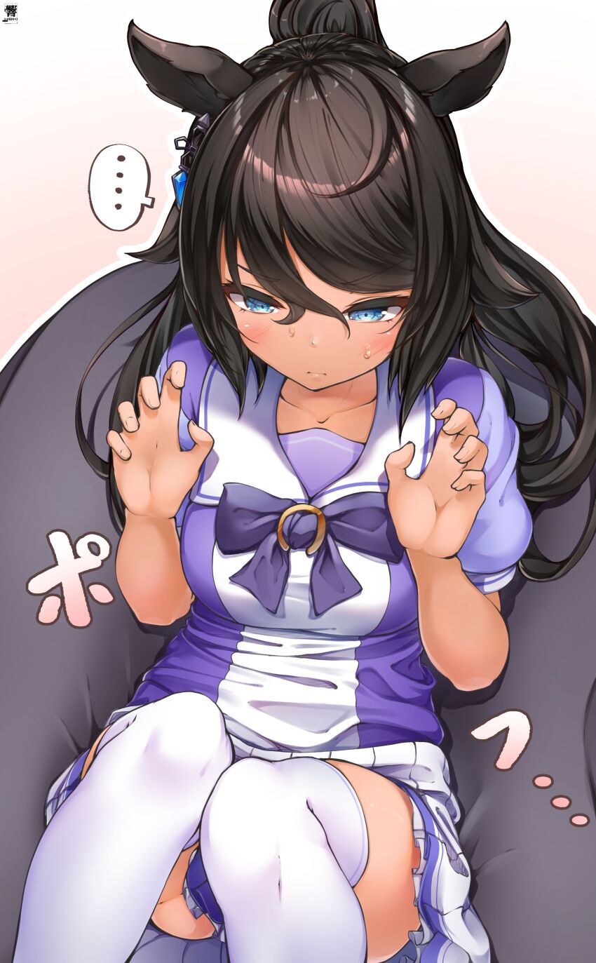 ... 1girl 1koma absurdres animal_ears bean_bag_chair black_hair blue_eyes bow bowtie collarbone comic commentary_request dark-skinned_female dark_skin earrings hibiki_(zerocodo) high_ponytail highres horse_ears horse_girl jewelry long_hair pleated_skirt ponytail puffy_short_sleeves puffy_sleeves purple_bow purple_bowtie purple_shirt sailor_collar sailor_shirt school_uniform shirt short_sleeves signature single_earring skirt solo speech_bubble spoken_ellipsis summer_uniform symboli_kris_s_(umamusume) thighhighs thighs tracen_school_uniform umamusume white_sailor_collar white_skirt yogibo zettai_ryouiki