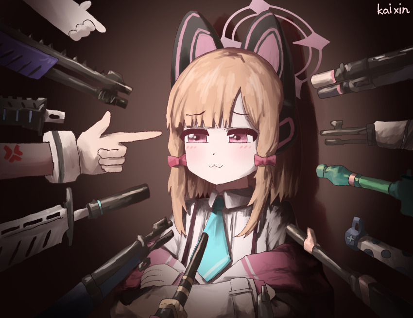 1girl :3 absurdres animal_ear_headphones animal_ears at_gunpoint blonde_hair blue_archive blue_necktie cat_ear_headphones cat_ears closed_mouth collared_shirt commentary crossed_arms english_commentary fake_animal_ears finger_gun gun halo headphones highres kai_xin momoi_(blue_archive) necktie pink_eyes pink_halo shirt short_hair short_necktie surrounded_by_guns weapon white_shirt