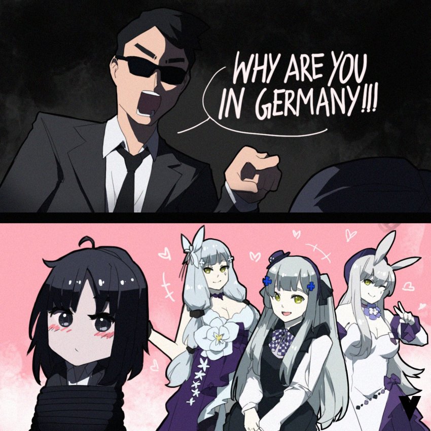 +++ 1boy 2girls ahoge angelia_(girls&#039;_frontline) black_background black_eyes black_hair black_necktie blush bound breasts english_text formal_clothes girls&#039;_frontline heart highres hk416_(black_kitty&#039;s_gift)_(girls&#039;_frontline) hk416_(girls&#039;_frontline) hk416_(herbal-flavored_hard_candy)_(girls&#039;_frontline) hk416_(starry_cocoon)_(girls&#039;_frontline) interrogation large_breasts long_hair looking_at_viewer medium_hair multiple_girls multiple_persona necktie official_alternate_costume open_mouth pink_background pointing pointing_at_another shouting simple_background smile suit sunglasses tied_up_(nonsexual) v variasii very_long_hair white_hair yellow_eyes aged_down