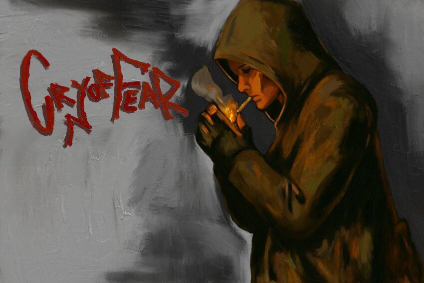 1boy absurdres arms_up bag black_eyes black_gloves canvas_texture cry_of_fear english_text fingerless_gloves from_side gloves grey_hoodie highres holding holding_lighter hood hood_up hoodie lighter lighting_cigarette shadow shoulder_bag simon_henriksson smoking solo sorkot7328 sunken_cheeks upper_body