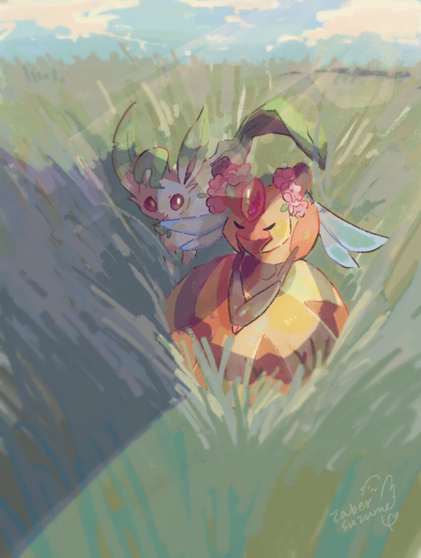 animal_focus bee blue_sky brown_eyes bug field flower full_body gem gen_4_pokemon grass green_fur highres insect insect_wings leaf leafeon looking_at_another nintendo no_humans outdoors pink_flower pokemon pokemon_(creature) red_gemstone sitting sky standing vespiquen wings yellow_fur zaber_(littlesuzume)