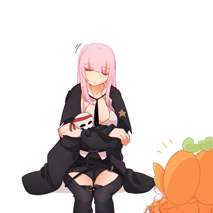 2girls bodice breasts chaps cleavage closed_eyes cowboy_western cowgirl_(western) crossed_arms deadbeat_(mori_calliope) highres hololive hololive_english hyurisaki large_breasts long_hair long_sleeves low-cut mori_calliope mori_calliope_(sheriff) multiple_girls official_alternate_costume orange_hair pink_hair sheriff sheriff_badge shirt sitting skull_choker skull_ornament sleeping sleeping_upright takanashi_kiara takanashi_kiara_(dirndl) virtual_youtuber white_shirt