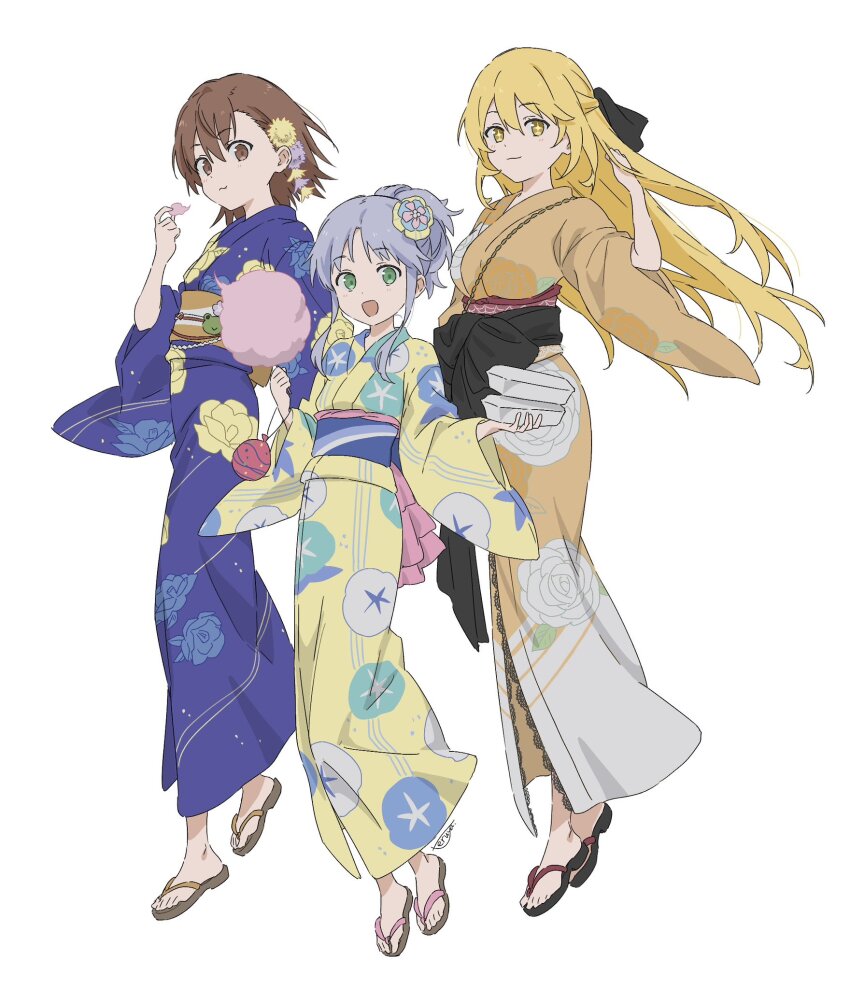 3girls black_footwear blonde_hair blue_hair blue_kimono brown_eyes brown_footwear brown_hair brown_kimono cotton_candy eating floral_print food full_body green_eyes highres holding holding_cotton_candy holding_food index_(toaru_majutsu_no_index) japanese_clothes kimono light_blue_hair long_hair medium_hair misaka_mikoto multiple_girls ponytail print_kimono sandals shokuhou_misaki simple_background standing teruya_(6w6y) toaru_kagaku_no_railgun toaru_majutsu_no_index toaru_majutsu_no_index:_imaginary_fest white_background yellow_eyes yellow_kimono