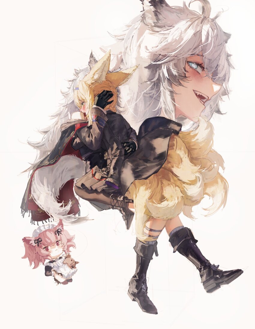 3girls :t ahoge alternate_costume alternate_hairstyle animal_ears apron arknights bare_shoulders biting black_boots black_cloak black_coat black_gloves black_ribbon black_thighhighs blonde_hair blood blood_on_shoulder blush boots cloak closed_mouth coat commentary commission deformed fox_ears fox_girl fox_tail gandy_(gan3e46) gloves grey_eyes grey_socks hair_between_eyes hair_ribbon high_heels highres knee_boots knee_strap lappland_(arknights) lappland_(refined_horrormare)_(arknights) long_hair long_sleeves maid medium_hair multicolored_cloak multiple_girls multiple_tails multiple_views open_mouth pink_hair pozyomka_(arknights) red_cloak red_eyes ribbon sidelocks simple_background single_bare_shoulder socks suzuran_(arknights) tail thighhighs two-tone_cloak walking white_apron white_background white_hair wolf_ears wolf_girl