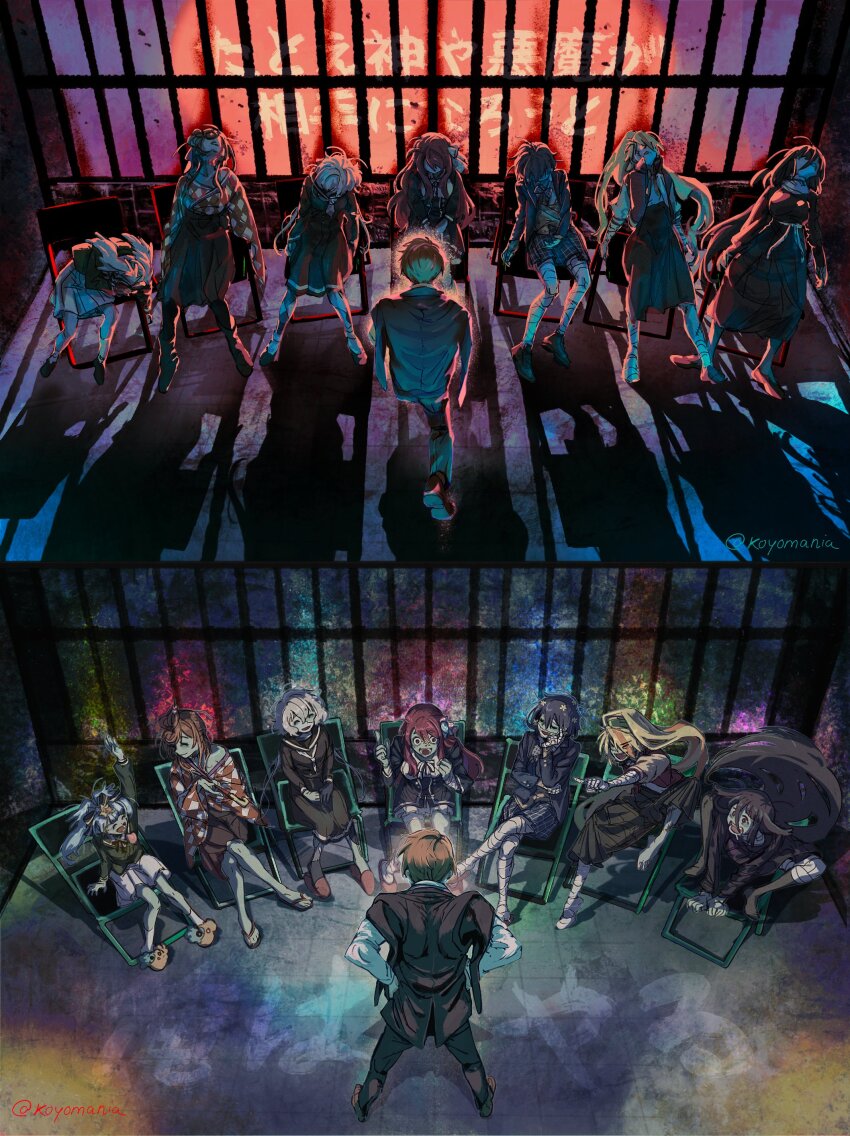 1boy 6+girls absurdres animal_slippers arm_up bandages black_hair blonde_hair blue_hair brown_hair corpse crossed_legs flower grey_hair hair_flower hair_ornament highres hoshikawa_lily iron_bars jacket jacket_on_shoulders konno_junko koyomania minamoto_sakura mizuno_ai multiple_girls nikaidou_saki red_hair scar scar_on_face sitting slippers smile tatsumi_koutarou twitter_username yamada_tae yuugiri_(zombie_land_saga) zombie zombie_land_saga