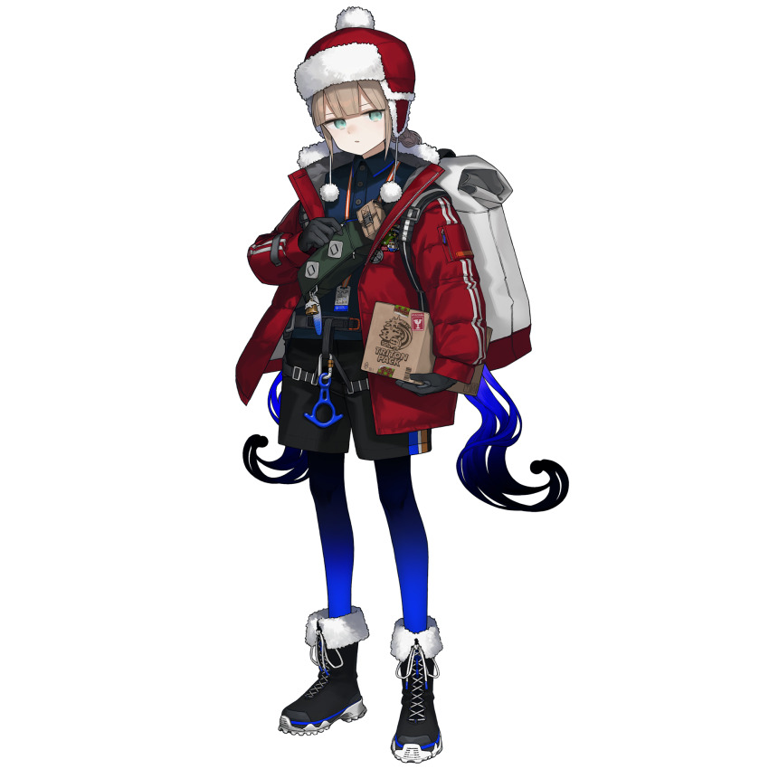 1boy androgynous aqua_eyes astg backpack bag black_boots black_hair black_shorts blue_hair boots box brown_hair captain_nemo_(fate) captain_nemo_(santa)_(fate) fate/grand_order fate_(series) full_body fur-trimmed_headwear fur_trim game_cg hat highres holding holding_box jacket long_hair looking_at_viewer male_focus multicolored_hair nemo_(fate) official_art pantyhose pom_pom_(clothes) shorts solo standing tachi-e third-party_source transparent_background twintails very_long_hair