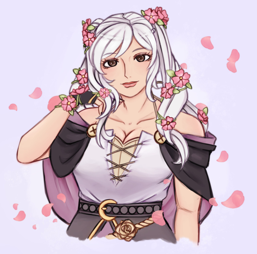 1girl adjusting_hair arm_at_side artist_request bare_arms bare_shoulders black_nails bracelet breasts brown_eyes capelet cleavage clenched_hand collarbone dress eyelashes falling_petals female_focus female_robin_(fire_emblem) female_robin_(valentine)_(fire_emblem) fingerless_gloves fire_emblem fire_emblem_awakening fire_emblem_heroes flower flower_bracelet gloves hair_flower hair_ornament halterneck hand_up highres jewelry light_smile lips long_dress long_hair looking_at_viewer medium_breasts nail_polish neck official_alternate_costume petals purple_background rope_belt sidelocks sleeveless sleeveless_dress spaghetti_strap standing swept_bangs twintails upper_body white_hair