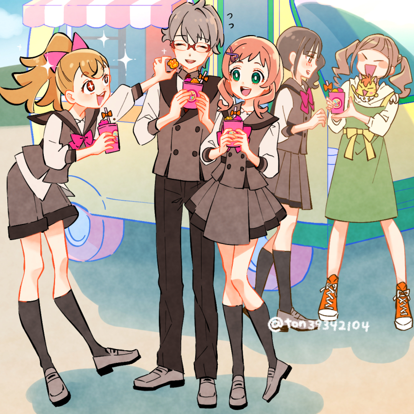 +_+ 1boy 4girls :d apron black_hair black_pants black_socks blouse blunt_bangs blush_stickers bow bowtie bright_pupils brown_sailor_collar brown_shorts brown_skirt brown_vest casual closed_eyes commentary cup day dress_shirt flying_sweatdrops green_apron green_eyes grey_footwear grey_hair hair_bow hair_ornament hairclip healin&#039;_good_precure hiramitsu_hinata holding holding_cup hood hoodie in-franchise_crossover inukai_iroha inukai_komugi kneehighs leaning_forward loafers long_sleeves looking_at_another medium_hair miniskirt motor_vehicle multiple_girls nekoyashiki_mayu nyatoran_(precure) open_mouth orange_shoes outdoors pants pink_bow pink_bowtie pink_hair pleated_skirt precure purple_eyes red-framed_eyewear red_eyes rimless_eyewear sailor_collar school_uniform second_wangan_school_uniform shirt shoes short_hair shorts side_ponytail skirt smile sneakers socks sparkle split_ponytail standing standing_on_one_leg ton_(ton39342104) toyama_satoru twintails twitter_username van vest white_hoodie white_pupils white_shirt wing_collar wonderful_precure!