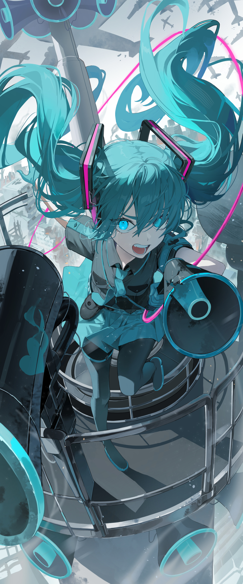 1girl absurdres aircraft airplane aqua_gloves aqua_hair aqua_necktie aqua_skirt black_shirt blue_eyes collared_shirt commentary floating_hair foreshortening full_body gloves hair_between_eyes hair_over_one_eye hatsune_miku highres holding holding_megaphone koi_wa_sensou_(vocaloid) long_hair looking_at_viewer megaphone miniskirt necktie nun_nu open_mouth outdoors pleated_skirt pocket sanpaku shirt short_sleeves shouting skirt solo standing standing_on_one_leg teeth twintails very_long_hair vocaloid