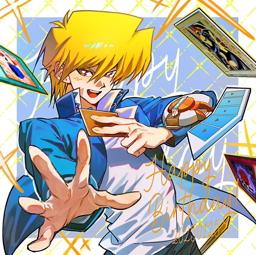 1boy blonde_hair blue_background blue_jacket border brown_eyes card dated deck_of_cards duel_monster english_text happy_birthday highres holding holding_card jacket jonouchi_katsuya male_focus medium_hair moemoenomori open_clothes open_jacket red-eyes_black_dragon shirt simple_background solo sparkle trading_card white_border white_shirt yu-gi-oh! yu-gi-oh!_duel_monsters