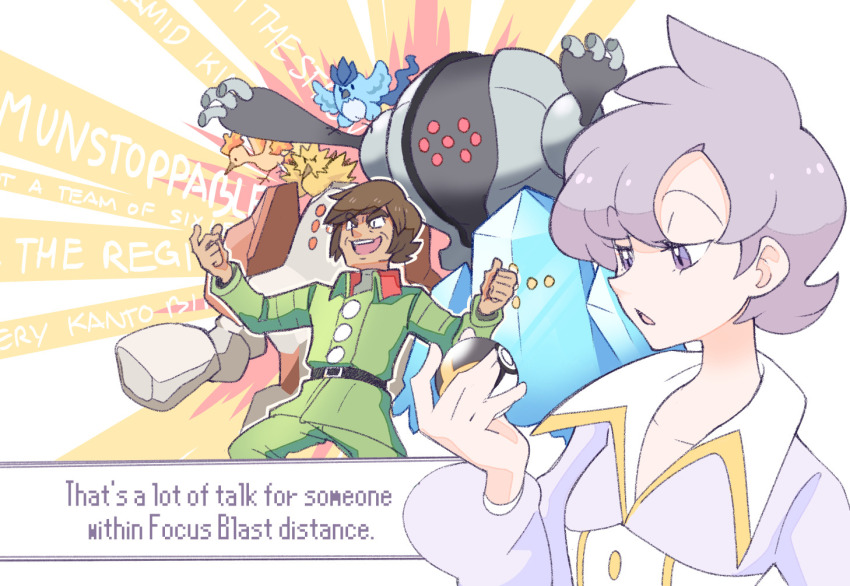 1boy 1girl anabel_(pokemon) articuno belt brandon_(pokemon) brown_hair chibi clenched_hand collarbone english_text game_freak gen_1_pokemon gen_3_pokemon holding holding_poke_ball legendary_pokemon moltres nintendo open_mouth poke_ball pokemon pokemon_(creature) pokemon_emerald pokemon_rse purple_hair regice regirock registeel short_hair ultra_ball vergolophus zapdos