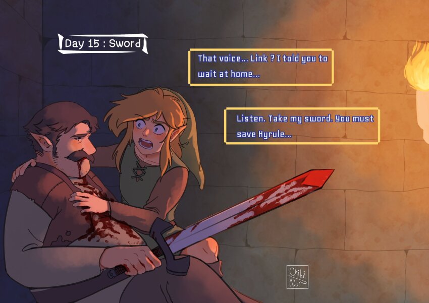 2boys blonde_hair blood blood_from_mouth blood_on_clothes blue_eyes brick_wall brown_hair chibi_nur dialogue_box english_text facial_hair fire hat highres indoors link link&#039;s_uncle_(zelda) long_hair multiple_boys mustache nintendo open_mouth pointy_ears sword the_legend_of_zelda the_legend_of_zelda:_a_link_to_the_past torch tunic uncle_and_nephew vest weapon