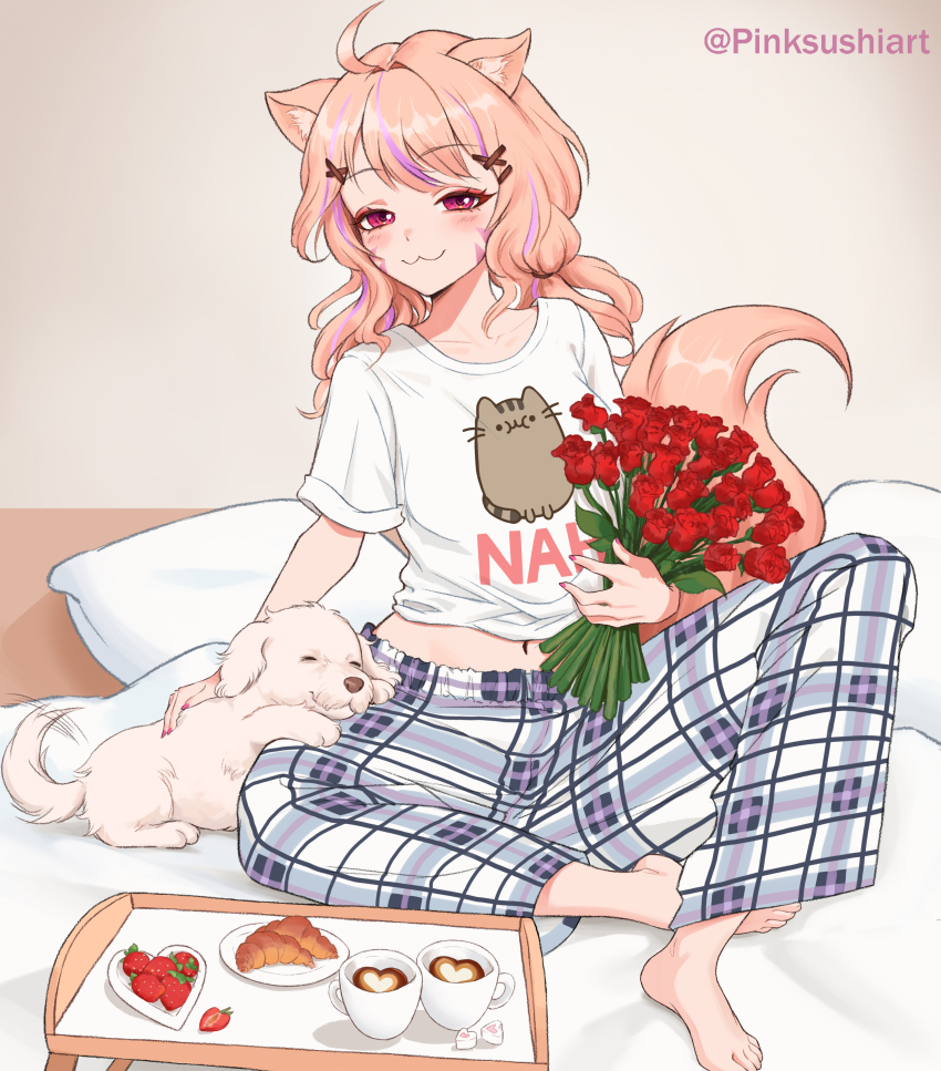 :3 absurdres ahoge animal_ears barefoot blonde_hair blush bouquet cat_ears cat_girl cat_tail commission croissant cup dog flower food fruit highres indie_virtual_youtuber long_hair looking_at_viewer multicolored_hair navel pink_sushi print_shirt purple_hair red_eyes rose shirt shyrei_faolan sitting strawberry streaked_hair t-shirt tail valentine virtual_youtuber