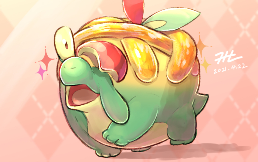 appletun commentary_request dated full_body gen_8_pokemon nintendo no_humans null_suke one-hour_drawing_challenge open_mouth pink_background pokemon pokemon_(creature) signature walking