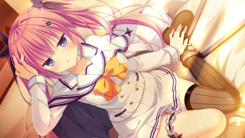 1girl :o black_bow black_thighhighs blue_eyes bow bowtie capelet da_capo da_capo_iv dutch_angle floating_hair game_cg hair_between_eyes hair_bow hair_ornament long_hair long_sleeves miniskirt open_mouth pink_hair pleated_skirt sailor_collar school_uniform shirakawa_hiyori shirt single_thighhigh sitting skirt solo striped_clothes striped_thighhighs thigh_strap thighhighs twintails vertical-striped_clothes vertical-striped_thighhighs very_long_hair wariza white_capelet white_sailor_collar white_shirt white_skirt yellow_bow yellow_bowtie