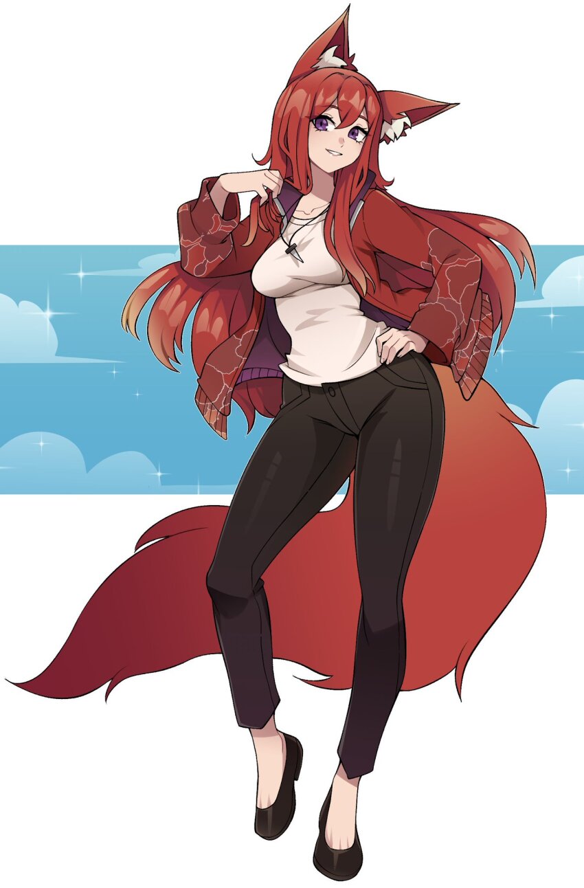 1girl animal_ear_fluff animal_ears black_pants black_shoes breasts commentary commission double-parted_bangs english_commentary fox_ears fox_girl fox_tail full_body hair_between_eyes highres jacket jewelry large_breasts long_hair long_sleeves looking_at_viewer necklace oninuer open_clothes open_jacket original pants parted_lips purple_eyes red_hair red_jacket shirt shoes smile solo standing tail toe_cleavage white_background white_shirt