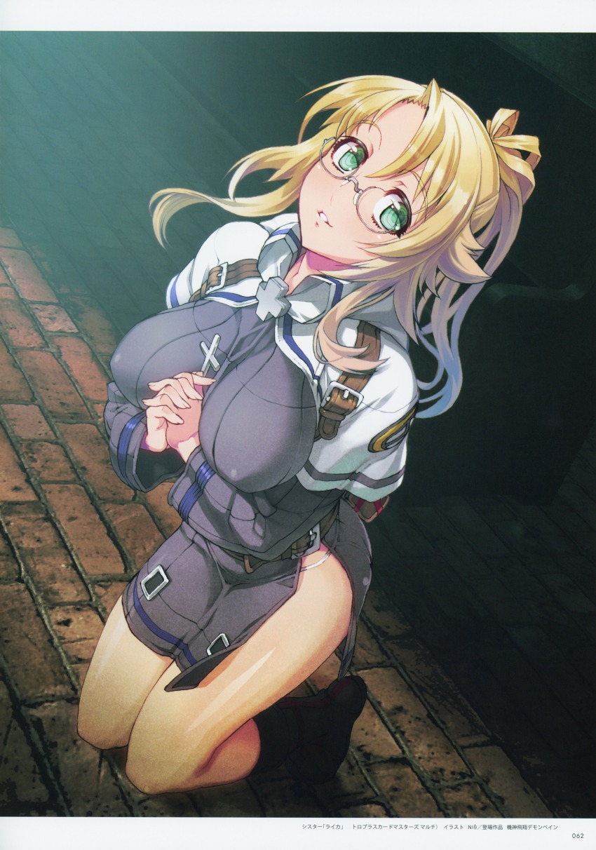 1girl absurdres belt belt_pouch blonde_hair boots breasts cross demonbane dress female_focus fingernails glasses green_eyes highres holding huge_filesize interlocked_fingers kneeling large_breasts leica_(demonbane) long_sleeves looking_at_viewer nishii_(damnedrive) official_art own_hands_together page_number panties parted_lips pouch scan shiny_clothes shiny_skin short_dress side_slit smile solo underwear white_panties