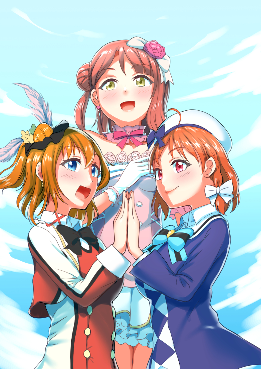 3girls absurdres aqua_bow aqua_eyes aqua_neckwear aqua_skirt arm_garter artist_name artist_request back_bow bare_shoulders beret black_bow black_neckwear black_scrunchie blue_bow blue_dress blue_eyes blue_neckwear blue_shirt blue_sky blush bow bowtie braid braided_bun breasts brooch buttons checkered_clothes checkered_skirt cleavage cloud collarbone collared_shirt crescent_moon_symbol cropped_jacket cross-laced_clothes cross-laced_dress day detached_collar dress dress_bow dress_shirt earrings feather_hair_ornament feathers female_focus fingers_together flower flower_dress frilled_dress frilled_legwear frilled_skirt frills gem gloves green_eyes hair_between_eyes hair_bow hair_bun hair_flower hair_ornament hair_scrunchie hairband hairclip hairpin hat hat_bow heart heart_(symbol) heart_earrings highres jacket jewelry kosaka_honoka lace lace-trimmed_dress lace_gloves lace_trim long_sleeves looking_at_viewer love_live! love_live!_nijigasaki_high_school_idol_club love_live!_school_idol_festival love_live!_school_idol_project love_live!_sunshine!! miniskirt mirai_no_bokura_wa_shitteru_yo moon_print multiple_girls necklace orange_hair outdoors parted_lips pearl_(gemstone) pearl_necklace pink_bow pink_detached_collar pink_dress pink_flower pink_ribbon pink_skirt plaid_clothes plaid_dress plaid_skirt pleated pleated_dress pleated_skirt ponytail puffy_short_sleeves puffy_sleeves red_eyes red_flower red_hair red_shirt ribbon sailor_collar scrunchie shirt short_hair short_ponytail short_sleeves side_braid side_bun side_ponytail single_braid single_side_bun skirt sky sleeveless sleeveless_dress small_breasts smile sore_wa_bokutachi_no_kiseki striped_bow striped_neckwear takami_chika uehara_ayumu upper_body white_bow white_dress white_gloves white_headwear white_legwear white_sailor_collar white_wrist_cuffs wrist_cuffs wrist_ribbon yellow_eyes yume_e_no_ippo yume_e_no_ippo_(love_live!)