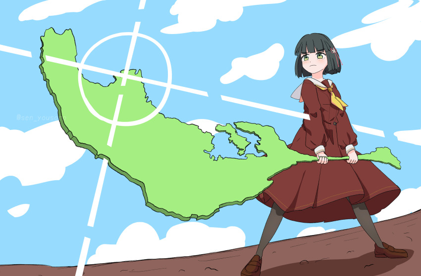 1girl absurdres black_hair black_pantyhose blue_sky blunt_bangs blunt_ends bob_cut brown_dress brown_shoes cloud commentary diffraction_spikes dress flower flower_knot frown green_eyes hair_flower hair_ornament hasu_no_sora_school_uniform highres holding holding_weapon holiday_holiday_(love_live!) holiday_holiday_(tenko)_(love_live!) huge_weapon ishikawa_prefecture legs_apart link!_like!_love_live! loafers long_sleeves love_live! medium_dress momose_ginko neckerchief outdoors pantyhose parody pleated_dress pun sailor_collar sailor_dress school_uniform sen_yousoro shoes short_hair sketch_background sky solo sunrise_stance unconventional_weapon v-shaped_eyebrows virtual_youtuber weapon white_sailor_collar winter_uniform yellow_neckerchief
