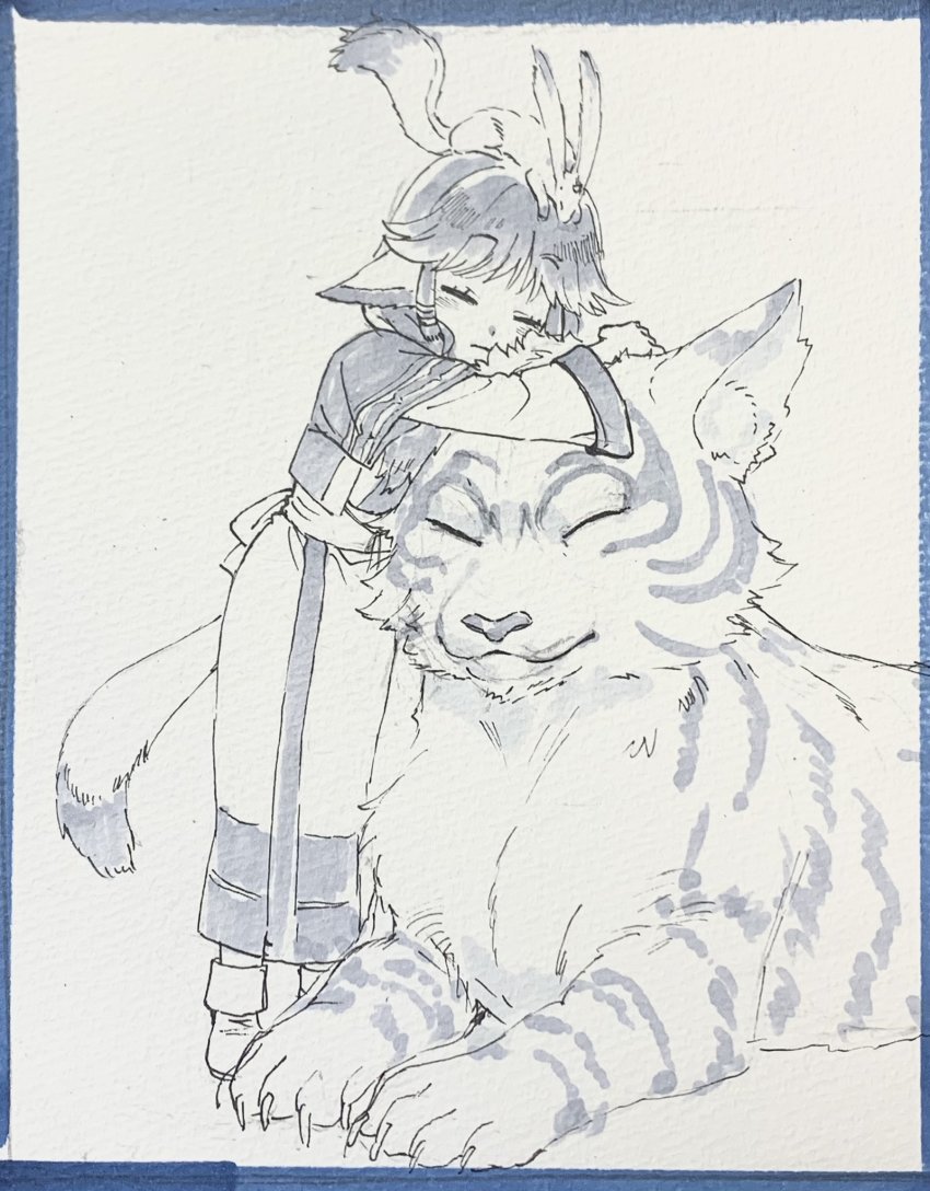 1girl animal animal_ears aquaplus aruruu blush boots claws closed_eyes closed_mouth dress full_body gachatara greyscale highres hug layered_sleeves long_sleeves medium_hair monochrome mukkuru raised_eyebrows sash sidelocks standing tail tiger tiger_ears utawarerumono yo_(artist)