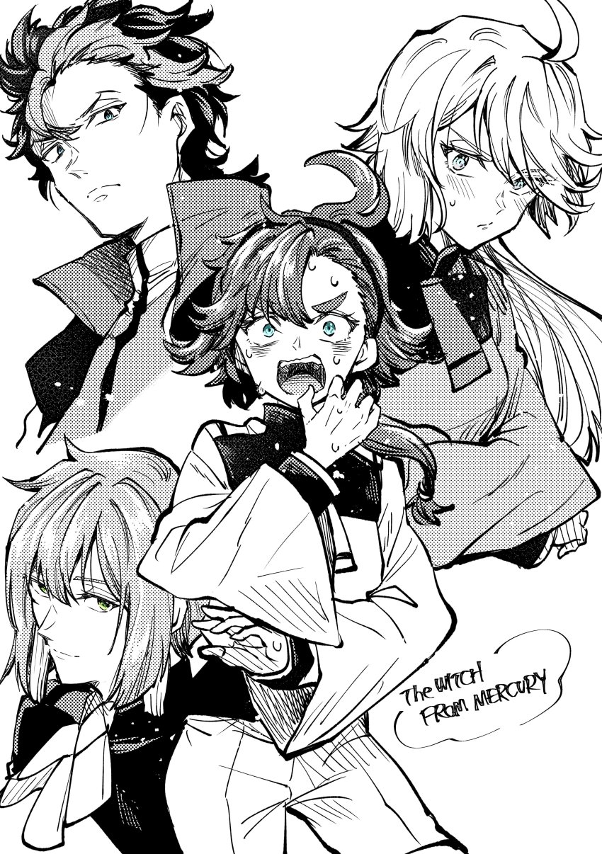 2boys 2girls absurdres ahoge angry ascot blue_eyes blush copyright_name elan_ceres english_text guel_jeturk gundam gundam_suisei_no_majo hairband highres kudou_makoto long_hair miorine_rembran multiple_boys multiple_girls school_uniform short_hair sketch suletta_mercury surprised sweatdrop white_background