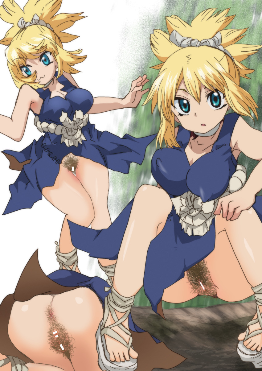1girl anal anus ass blonde_hair blonde_pubic_hair blue_dress blue_eyes breasts censored covered_erect_nipples dr._stone dress excessive_pubic_hair female_pubic_hair highres kohaku_(dr._stone) large_breasts mizuei2 multiple_views no_panties ponytail pubic_hair pussy rope_belt sandals simple_background smile squatting