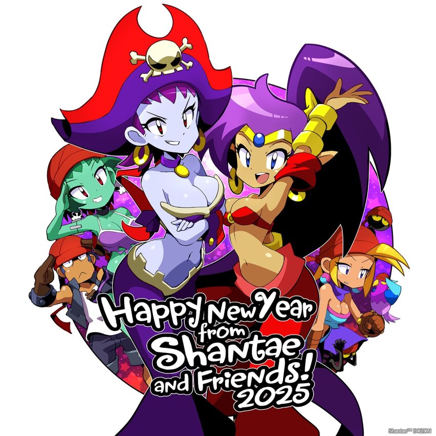 1boy 5girls arabian_clothes bandana blonde_hair blue_eyes blue_skin bolo_(shantae) bracer breasts circlet cleavage colored_skin crop_top crossed_arms dark-skinned_female dark_skin earrings english_text forehead_jewel gloves green_hair green_skin happy_new_year harem_pants hat highres hoop_earrings jewelry large_breasts long_hair looking_at_viewer matt_bozon midriff multiple_boys multiple_girls navel new_year open_mouth pants pirate pirate_hat ponytail purple_hair purple_skin red_eyes risky_boots rottytops salute shantae shantae_(series) short_hair skull_earrings sky_(shantae) smile very_long_hair zombie