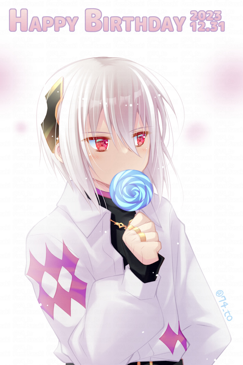 1boy absurdres black_shirt blurry blurry_background candy collared_shirt dated depth_of_field dress_shirt fire_emblem fire_emblem_engage food grey_hair hair_between_eyes hair_ornament happy_birthday highres holding holding_candy holding_food holding_lollipop jacket lollipop long_sleeves looking_to_the_side male_focus nintendo official_alternate_costume puffy_long_sleeves puffy_sleeves rafal_(fire_emblem) red_eyes sasaki_fumi shirt short_hair sleeves_past_wrists solo swirl_lollipop twitter_username undershirt upper_body white_background white_hair white_shirt