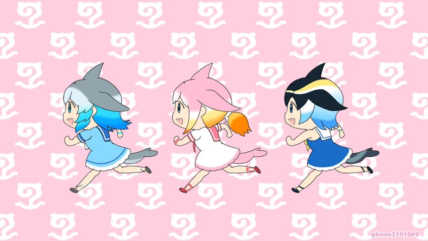 3girls black_hair blonde_hair blowhole blue_eyes blue_hair blush bow cetacean_tail chibi chinese_white_dolphin_(kemono_friends) common_bottlenose_dolphin_(kemono_friends) common_dolphin_(kemono_friends) dolphin_girl dorsal_fin dress fins fish_tail frills grey_hair head_fins highres japari_symbol kemono_friends multicolored_hair multiple_girls necktie open_mouth orange_hair parody pink_hair running sailor_collar sailor_dress satono_yuki shirt short_hair short_sleeves sleeveless smile smooooch tail twintails white_hair