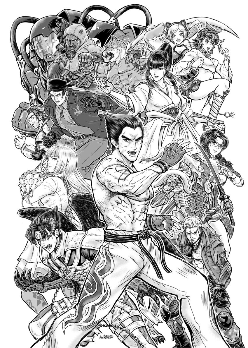 5girls 6+boys animal_mask bandage_on_nose bandana beard bryan_fury chain craig_marduk cyborg dark_persona devil_jin dress emilie_de_rochefort facial_hair fighting_stance frilled_dress frills gigas_(tekken) heterochromia highres hime_cut hood hooded_jacket jacket josie_rizal julia_chang katana kazama_jin king_(tekken) lucky_chloe mishima_kazumi_(tekken) mishima_kazuya mocaful monochrome multiple_boys multiple_girls muscular muscular_male pigtail_braids robot sandals scar scar_across_eye scar_on_face sergei_dragunov sword tagme tekken tekken_7 thighhighs torn_clothes torn_sleeves weapon wings yoshimitsu_(namco)
