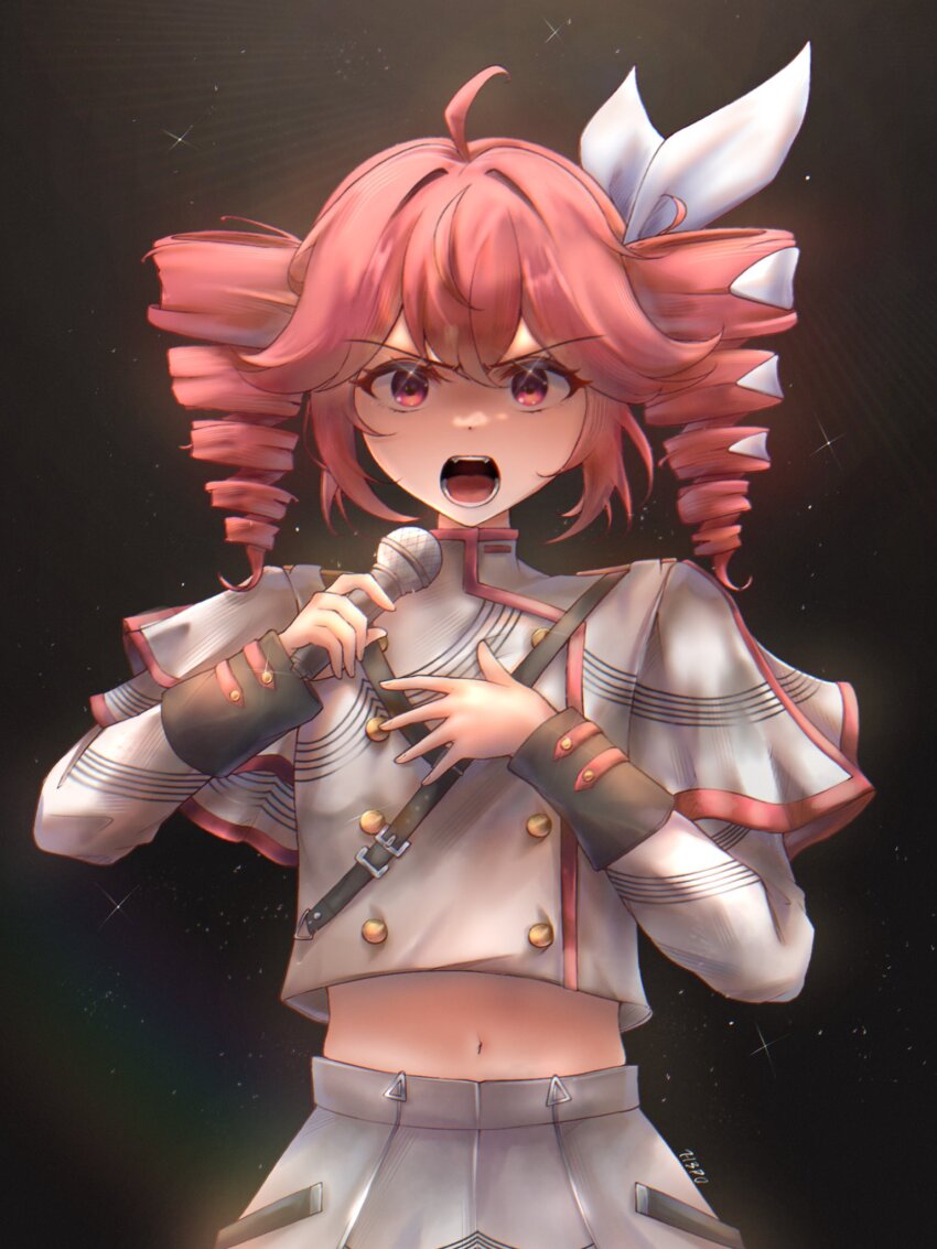 1girl ahoge belt black_background black_belt bow buttons commentary double-breasted double-parted_bangs drill_hair grey_jacket grey_skirt h3p0 hair_between_eyes hair_bow hair_ribbon hand_up hands_up highres holding holding_microphone jacket kasane_teto kasane_teto_(sv) layered_sleeves long_sleeves looking_at_viewer microphone midriff musical_staff musical_staff_print navel open_mouth red_eyes red_hair red_thighhighs ribbon shoulder_belt simple_background skirt solo striped_clothes striped_jacket synthesizer_v teeth thighhighs twin_drills upper_body utau white_background white_ribbon
