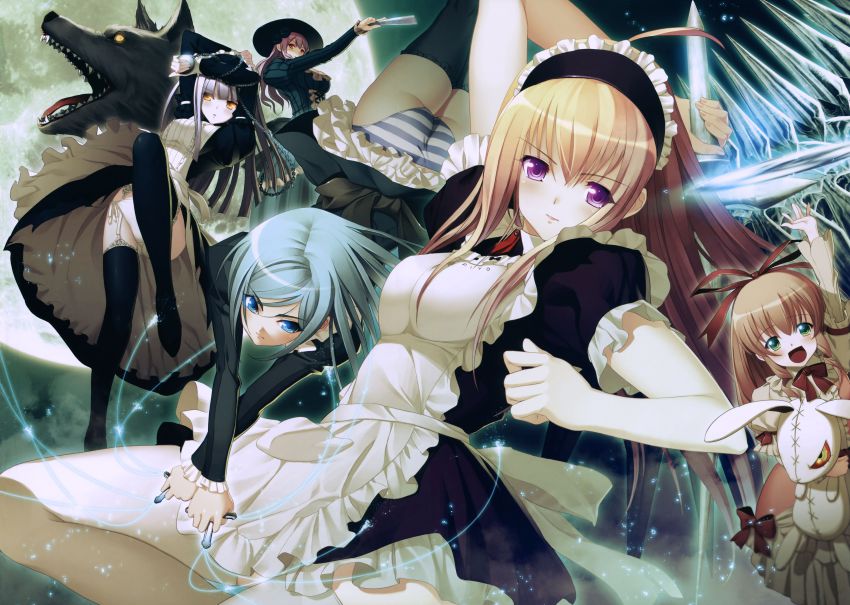 5girls absurdres anna_(gekkou_no_carnevale) ass character_request cornalina cross frills gekkou_no_carnevale green_hair highres iris_(gekkou_no_carnevale) long_hair lunaria maid maid_headdress multiple_girls nitroplus oosaki_shin&#039;ya panties perla purple_eyes skirt striped_clothes striped_panties stuffed_animal stuffed_toy thighhighs underwear wolf