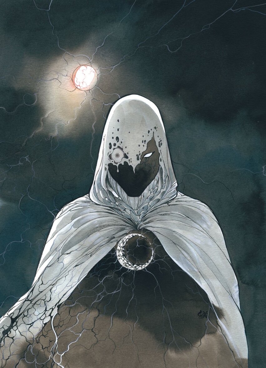 1boy cape cloud cloudy_sky commentary_request crescent highres male_focus marvel moon moon_knight peach_momoko sky solo superhero_costume white_cape white_hood