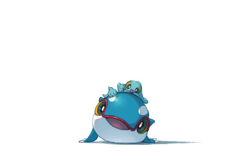:d bagutyu colored_sclera commentary_request gen_3_pokemon gen_4_pokemon grey_eyes head_tilt kyogre legendary_pokemon looking_at_viewer manaphy mythical_pokemon nintendo no_humans open_mouth phione pokemon pokemon_(creature) simple_background smile whale white_background yellow_sclera