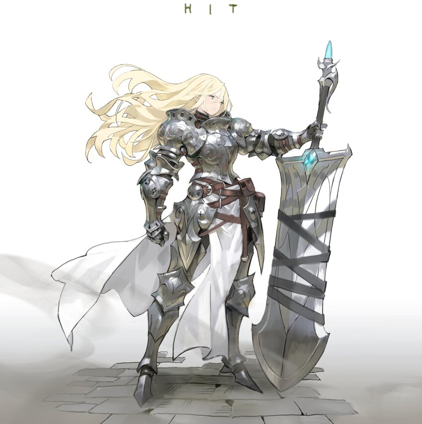 1girl absurdres arm_at_side armor arowana2111 belt blonde_hair brick_floor brown_belt clenched_hand commentary english_commentary floating_hair full_armor hair_between_eyes highres holding holding_sword holding_weapon huge_weapon looking_ahead original simple_background solo standing sword weapon white_background