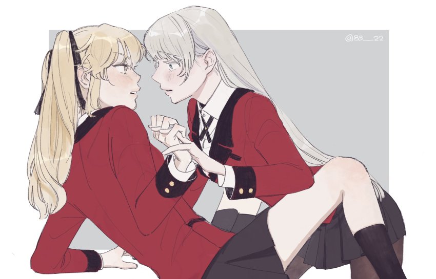 2girls 83_22 black_ribbon blonde_hair blue_eyes blush grey_hair hair_ribbon highres hyakkaou_academy_school_uniform interlocked_fingers kakegurui long_hair momobami_ririka multiple_girls pantyhose parted_lips ribbon saotome_mary school_uniform twitter_username yellow_eyes yuri