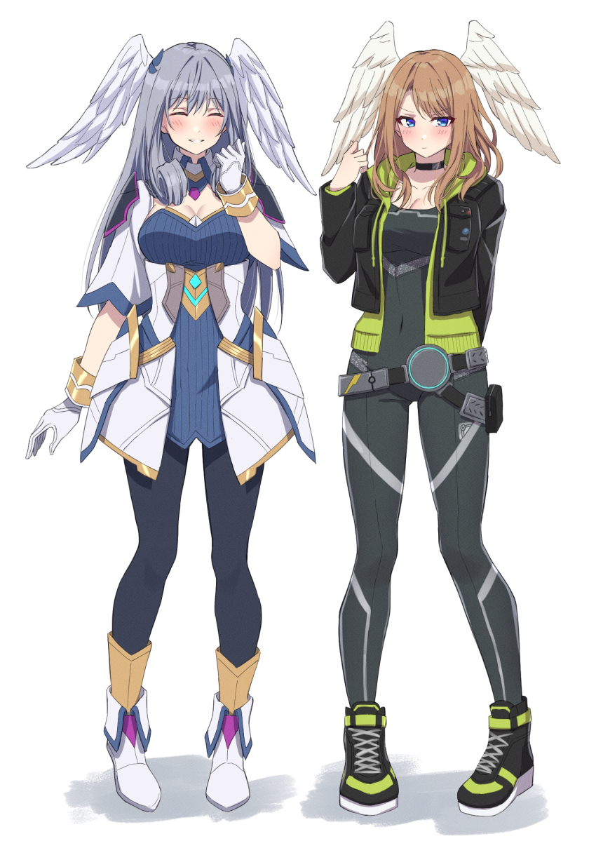 2girls black_leggings blue_eyes bodysuit brown_hair closed_eyes commentary_request covered_navel dress eunie_(xenoblade) full_body gloves grey_hair head_wings highres hood hooded_jacket jacket leggings long_hair melia_antiqua multiple_girls pantyhose shinae simple_bird smile white_background white_gloves wings xenoblade_chronicles_(series) xenoblade_chronicles_3