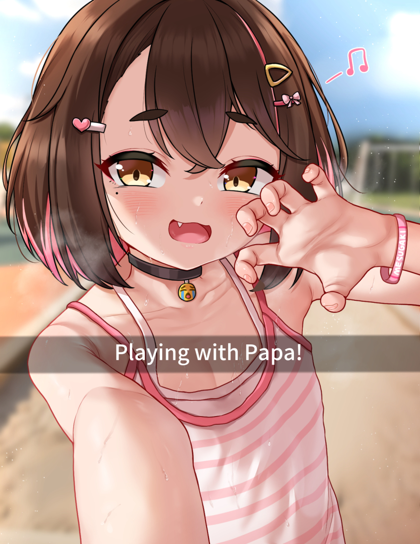 1girl :3 beamed_eighth_notes bilingual_commentary black_choker blurry blurry_background blush brown_eyes brown_hair camisole choker claw_pose collarbone colored_inner_hair commentary crying_emoji emoji english_commentary english_text fang flat_chest gemba_(dlfms75) hair_ornament hairclip highres loli looking_at_viewer mixed-language_commentary mizuki_yui_(gemba_(dlfms75)) mole mole_under_eye multicolored_hair musical_note open_mouth original outdoors pink_camisole pink_hair short_hair solo spoken_musical_note striped_camisole thick_eyebrows two-tone_hair