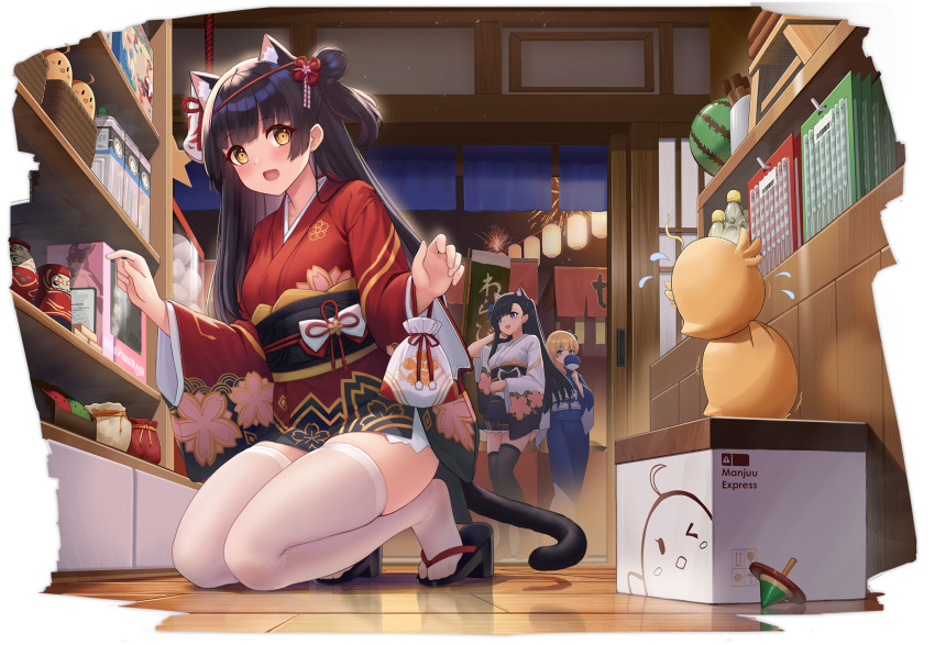 3girls allenes animal_ears azur_lane black_hair cat_ears cat_tail daruma_doll fireworks food fruit geta hair_bun hair_ornament hatsuharu_(azur_lane) highres japanese_clothes kimono kneeling long_hair looking_at_viewer multiple_girls official_alternate_costume official_art open_mouth ramune senkou_hanabi single_hair_bun sparkler tabi tail thighhighs transparent_background watermelon white_legwear wide_sleeves yellow_eyes yukata yuugure_(azur_lane) yuugure_(summer_festival_shopping)_(azur_lane)
