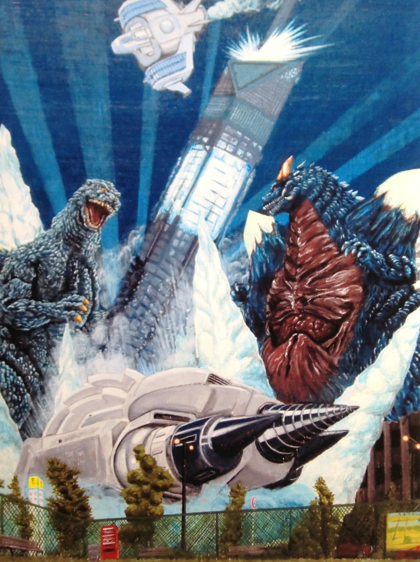 absurdres aircraft airplane alien building clone crystal crystal_fortress destruction dinosaur drill exhaust fighter_jet flying fukuoka_(city) fukuoka_tower godzilla_(series) godzilla_vs._spacegodzilla highres kaiju land_moguera military military_vehicle moguera motor_vehicle no_humans real_world_location skyscraper spacecraft spacegodzilla star_falcon starfighter tank thermacabe toho tusks