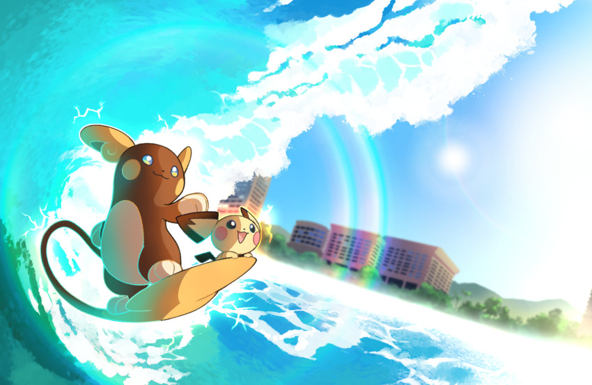 alolan_form alolan_raichu alternate_color blue_sky electricity gen_2_pokemon gen_7_pokemon highres nintendo no_humans ocean open_mouth pichu pokemon pokemon_(creature) rainbow shiny_pokemon sky smile sun surfing tail tree vergolophus waves
