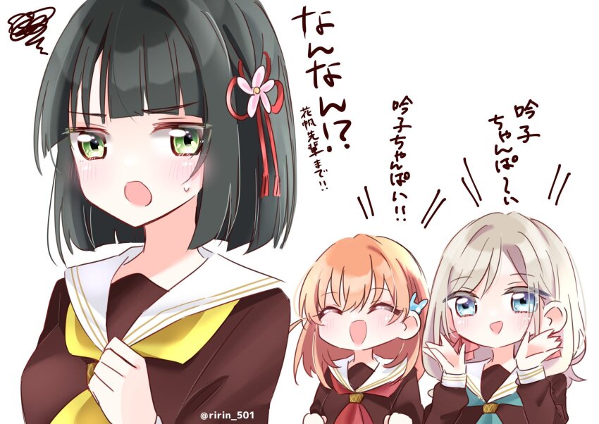 3girls ^_^ aqua_neckerchief blue_eyes blunt_bangs blunt_ends blush bob_cut breasts brown_dress ceras_yanagida_lilienfeld cerise_bouquet clenched_hands closed_eyes commentary dress flower flower_knot grey_hair hair_flower hair_ornament hair_ribbon hands_up hasu_no_sora_school_uniform highres hinoshita_kaho link!_like!_love_live! long_hair long_sleeves love_live! medium_breasts medium_hair momose_ginko multiple_girls neckerchief open_mouth orange_hair pink_flower pink_ribbon rabbit_hair_ornament red_neckerchief ribbon ririn_(ririn_501) sailor_collar sailor_dress school_uniform short_hair simple_background squiggle sweatdrop translation_request twitter_username two_side_up virtual_youtuber white_background white_sailor_collar winter_uniform yellow_neckerchief