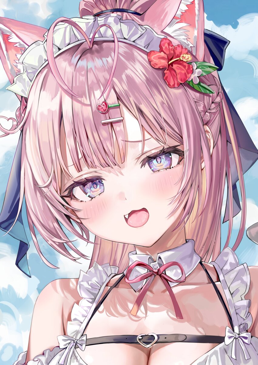 1girl absurdres animal_ear_fluff animal_ears antenna_hair bare_shoulders belt black_belt blue_sky blush braid breasts chest_belt cleavage collar collarbone commentary_request detached_collar fang hair_ornament hairclip hakui_koyori heart heart_hair_ornament highres hololive long_hair looking_at_viewer maid_headdress momoko_(momopoco) neck_ribbon purple_eyes red_ribbon ribbon sky smile solo virtual_youtuber white_collar