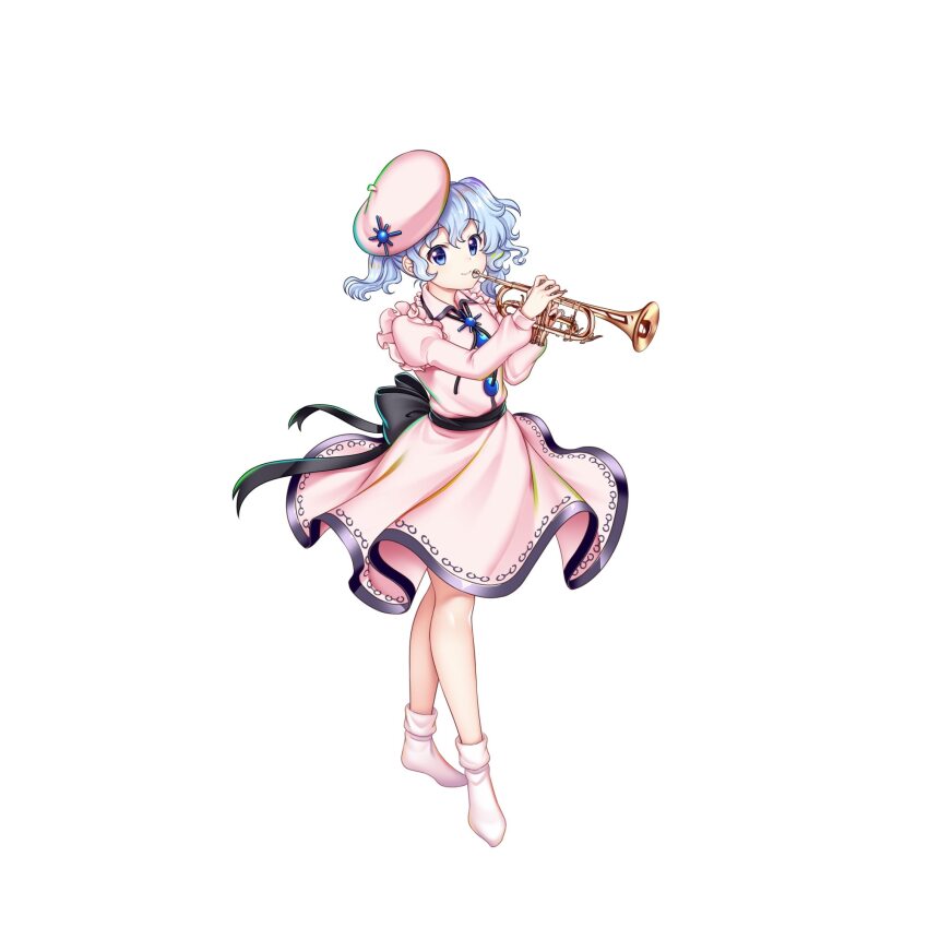 1girl beret blue_eyes blue_hair closed_mouth dress full_body hat highres holding holding_instrument instrument juliet_sleeves long_sleeves looking_at_viewer merlin_prismriver pink_dress pink_hat puffy_sleeves rotte_(1109) short_hair simple_background socks solo sun_hat_ornament third-party_source touhou touhou_lostword trumpet white_background white_socks